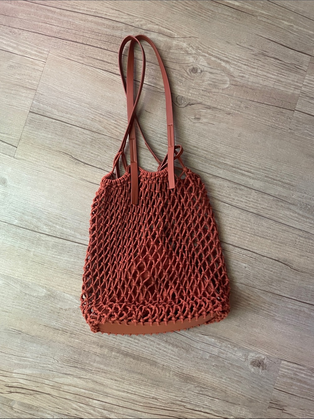 Zara Rust Orange Knotted Net Tote with Leather Straps